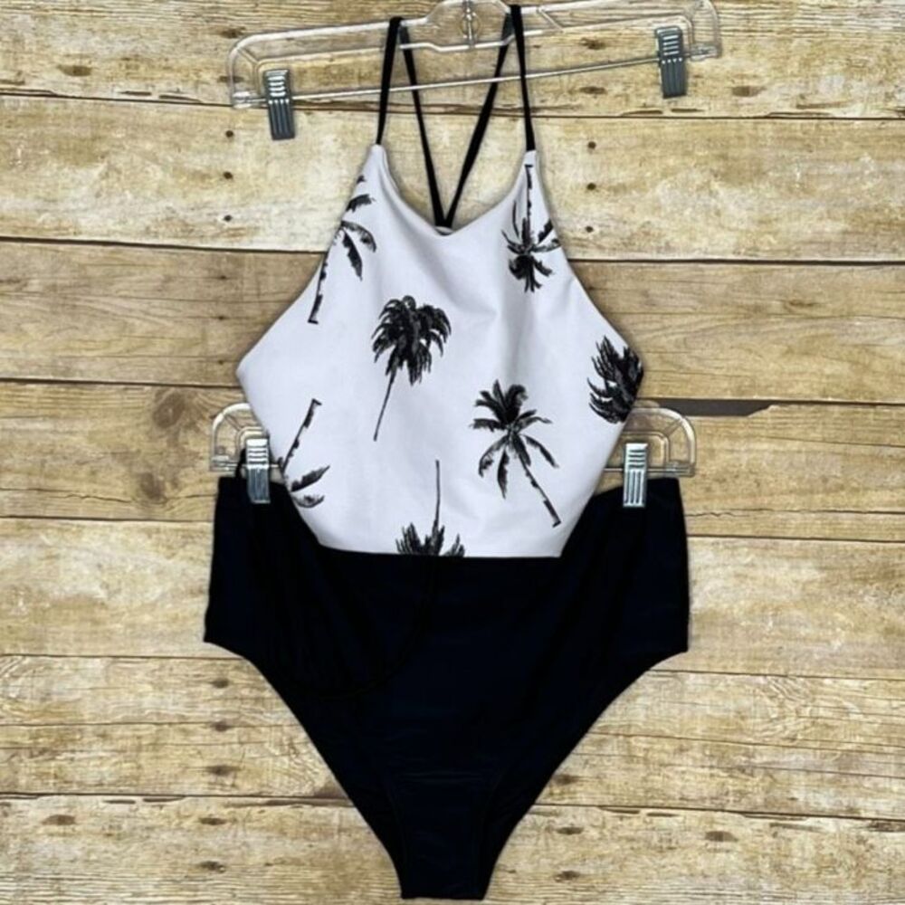 Shein high waist halter neck coastal beach resort swimsuit palm tree print large